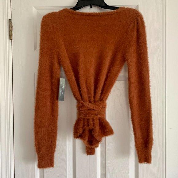 Camel Fuzzy Wrap Sweater. Tie Front, Long Sleeve. Sexy, Low Plunge V-Neck. US S - Picture 3 of 7
